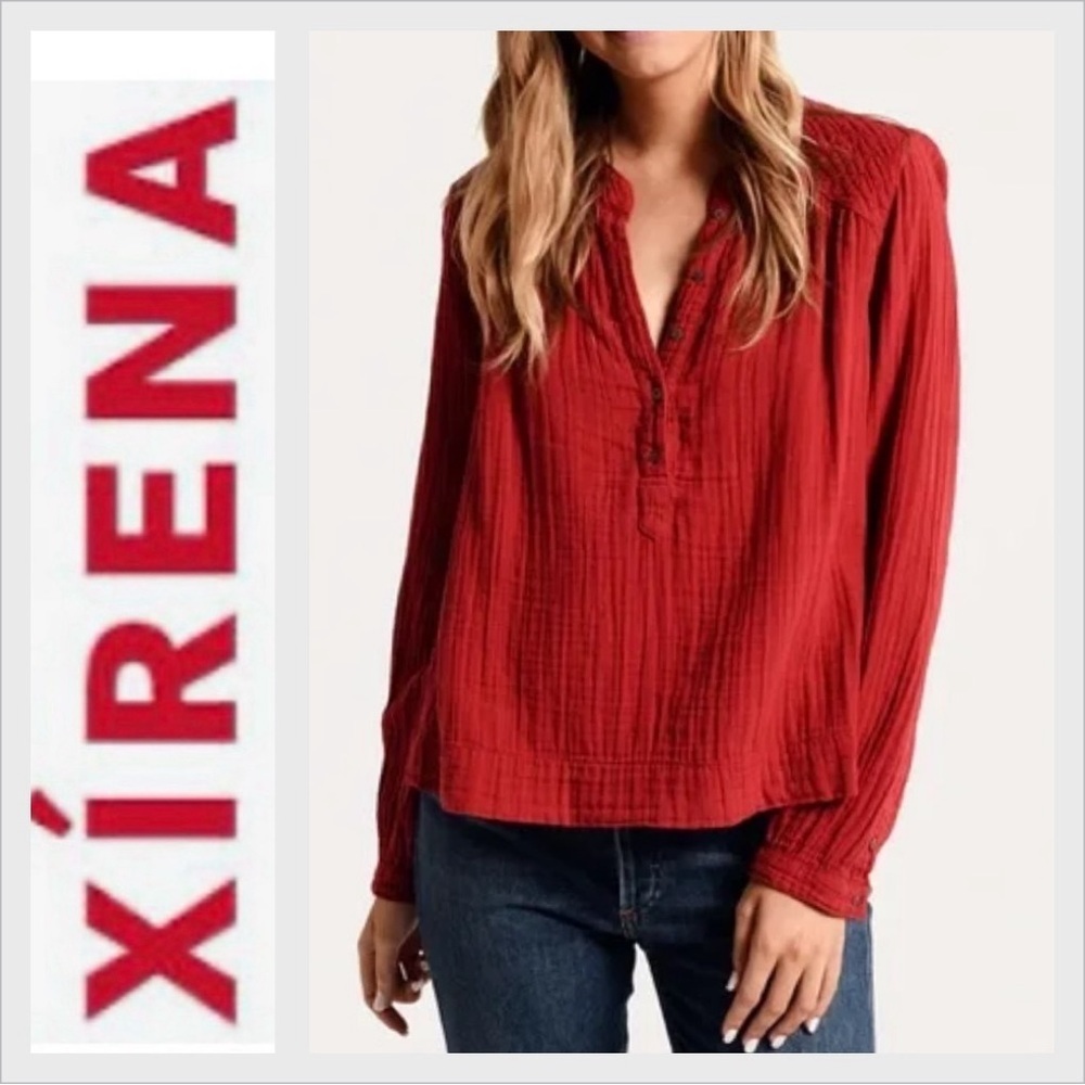 XiRENA Ames Cotton Gauze Collared Henley Long Sleeve Top red